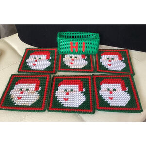 Set of 6 Needlepoint Needlecraft Santa Claus Coasters Red Green Christmas